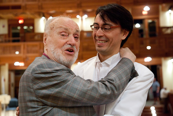 Festival of Contemporary Music Tanglewood Conductor Kurt Masur gives his son Ken- David Masur a congratulatory hug after the younger Masur conducted  " In Summer" as part of the Festival  ©Michael J. Lutch for The new York Times